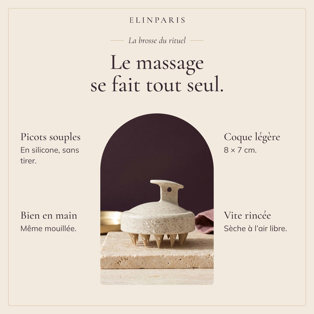 Brosse cuir chevelu : picots souples, prise en main, 8 x 7 cm