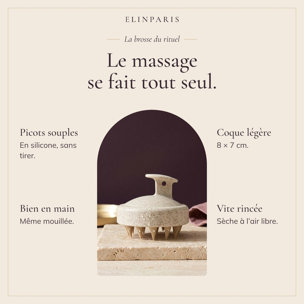 Brosse cuir chevelu : picots souples, prise en main, 8 x 7 cm